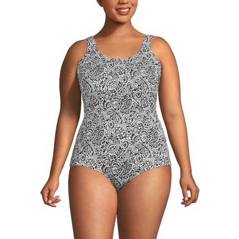 Lands' End Women's Chlorine Resistant Soft Cup Tugless Sporty One Piece  Swimsuit - 14 - Black/White Decor Paisley