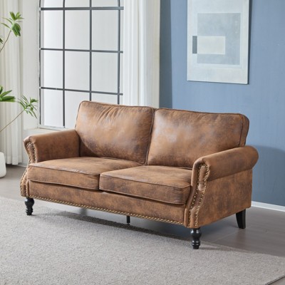 GlasFlength Nailhead Sofa, Upholstered 2 Seater Sofal Faux Leather Couch with Wooden Leg for Living Room, Brown,56.3"*26.38"*6.3"
