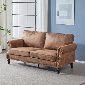 GlasFlength Nailhead Sofa, Upholstered 2 Seater Sofal Faux Leather Couch with Wooden Leg for Living Room, Brown,56.3"*26.38"*6.3" - 1 of 4