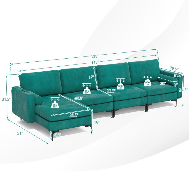 Costway Modular L-shaped Sectional Sofa w/ Reversible Chaise & 4 USB Ports Teal, 4 of 11