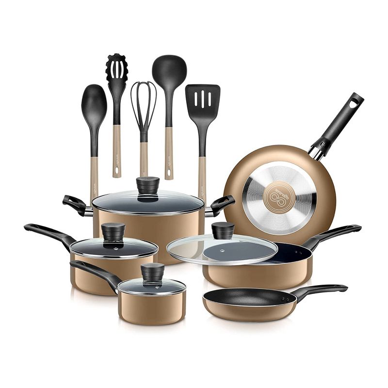 SereneLife 15 Piece Essential Home Heat Resistant Non Stick Kitchenware Cookware Set w/ Fry Pans, Sauce Pots, Dutch Oven Pot, and Kitchen Tools, Gold, 1 of 8