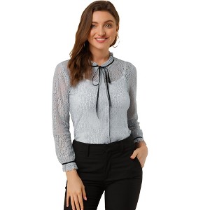 Allegra K Women's Floral Semi Sheer Long Sleeve Lace Top - 1 of 4