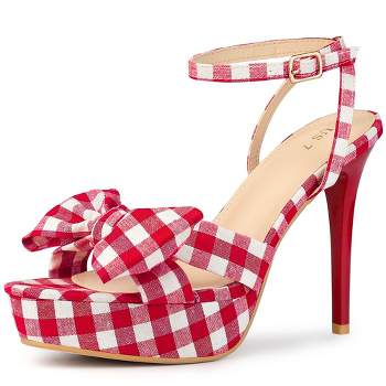 Perphy Women's Open Toe Bow Strap Slingback Stiletto High Heels Plaid Sandals