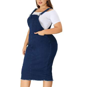 Agnes Orinda Women's Plus Size Bodycon Back Vent Raw Hem Denim Midi Overall Dresses