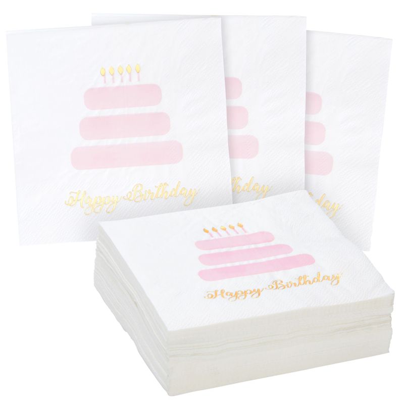 Blue Panda 50 Pack Light Pink Happy Birthday Cocktail Napkins with Gold Foil Accents, 3-Ply, 5 x 5 In, 1 of 9