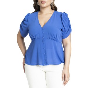 ELOQUII Women's Plus Size Shirred Sleeve Top With Buttons - 1 of 4