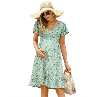 Womens Maternity Dress Ruffled Shirred Dress Floral Sundress with Flutter  Cap Sleeve V Neck Flowy Midi Dress Flowy Dress,green yellow - S : Target