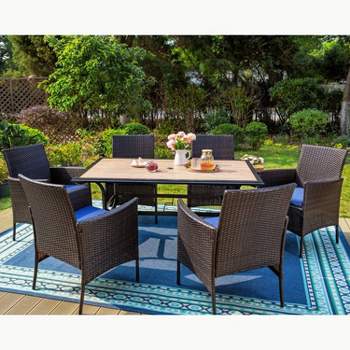 7pc Wicker Chairs & Wood Top Table Set, Weather-Resistant, Rust-Free Patio Dining - Captiva Designs