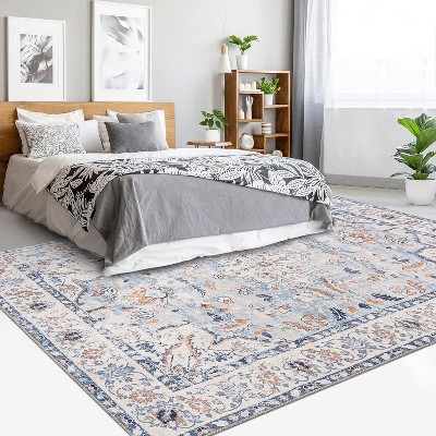 Acekool 2x6 Vintage Blue Washable Runner Rug, Non-Slip Oriental Medallion Low Pile Accent Carpet for Hallway, Entryway, Kitchen