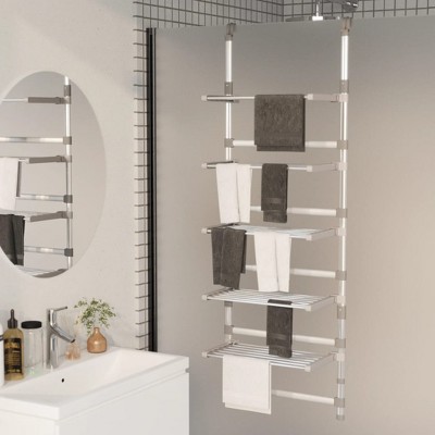 vidaXL 5-Tier Hanging Laundry Drying Rack in Silver - Aluminum Construction with Adjustable Height, Foldable Design and Easy Wall Mounting