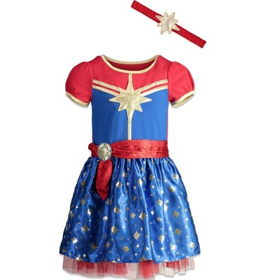Marvel Avengers Captain Marvel Girls Tulle Costume Short Sleeve Dress and Headband Toddler