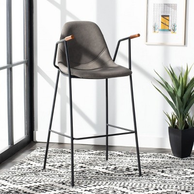 Ash Gray Leather and Metal Mid Century Bar Stool