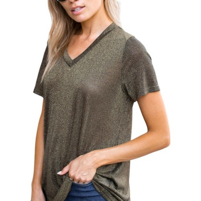 Amaryllis Women's Short-Sleeve Casual V-Neck Shimmer High Low Lightweight Tee Soft