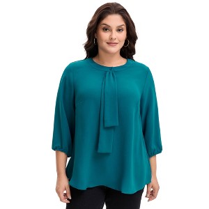 Women's Plus Size Tie Crew Neck 3/4 Ruffle Sleeves Work Office Chiffon Blouses - Agnes Orinda - 1 of 4