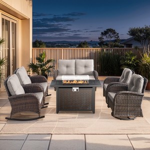 Buenhomino 7 Pieces Patio Furniture Set with Fire Pit Table, Rattan Wicker Swivel Rocker Chairs Sets with Ottomans, Swivel Glider Chairs - 1 of 4