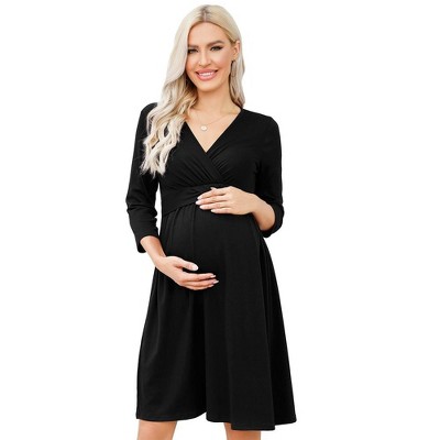 Maternity Dress V Neck Nursing 3/4 Sleeve A Line Party Midi Dress