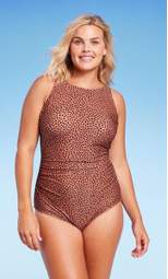 Women's Spotted Print High Neck Ruched Full Coverage One Piece Swimsuit - Kona Sol™ Brown