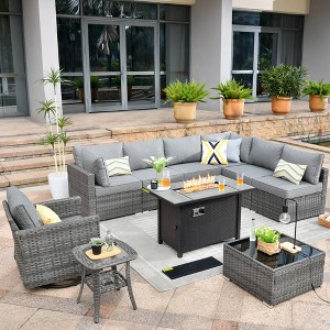 Venice 10pc Wicker Outdoor Patio Furniture Set Conversation Sofa with a Metal Fire Pit, Swivel Chair and Cushions - 1 of 4