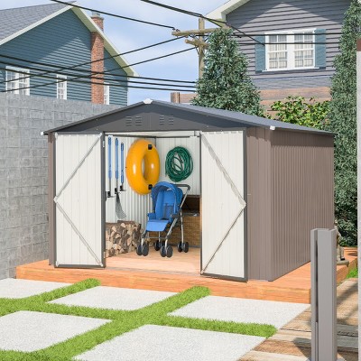 Backyard Storage Shed, 10x10 FT Storage Shed, Storage Storage with Lockable Doors and Updated Frame Structure, Large Metal Shed-Coolbibila
