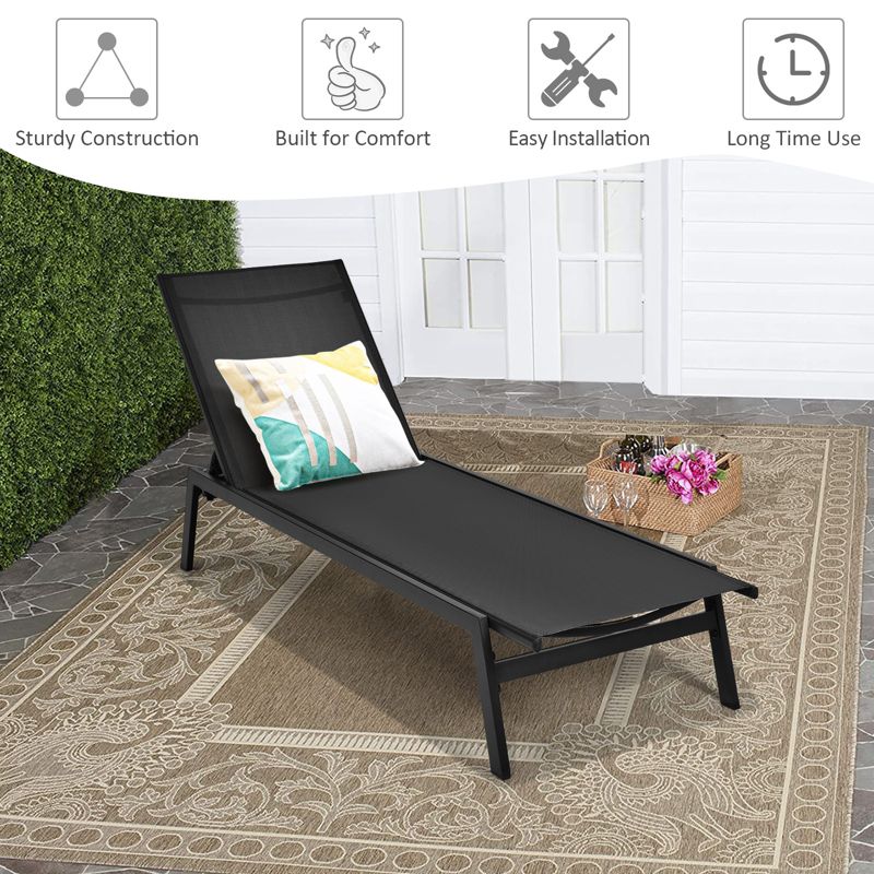 Tangkula 2PC Patio Chaise Lounger with 6-Postion Adjustable Backrest and Breathable Fabric Black, 5 of 10