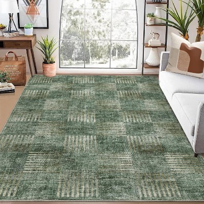 9x12 Washable Area Rug - Non-Slip Low Pile Carpet for Living Room, Bedroom, Office - Sage