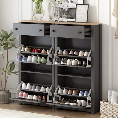 KTMBDW Shoe Cabinet Set of 2, Entryway Organizer with 2 Flip Drawers and Adjustable Panel, Hidden Wood Shoe Cabinet for Entryway Hallway