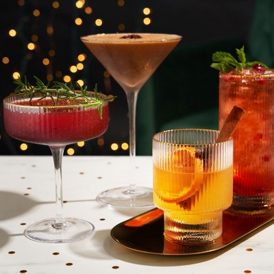 Gold Rimmed Clear Rippled Highball Glasses Set of 2, 15oz