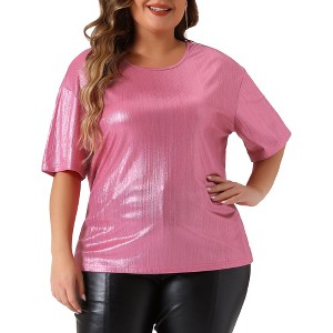 Agnes Orinda Women's Plus Size Metallic Round Neck Short Sleeve Summer Carnival Party Blouses - 1 of 4