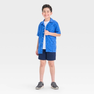 Cat & Jack Boys' Short Sleeve Printed Button-Down Shirt - Cat & Jack™ Blue M: Tropical Botanical Pattern, Camp Collar — фото 2