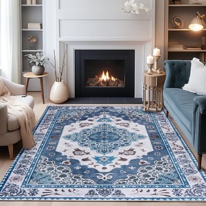 Washable Traditional Area Rug, Thin Foldable Distressed Floral Non-Slip Carpet for Bedroom Living Room Kitchen - 1 of 4