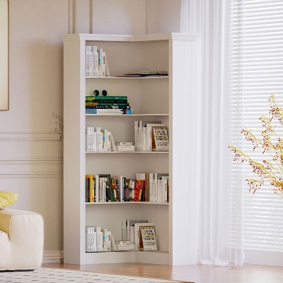 KTMBDW Corner Bookshelf, 5 Tier Bookcase with Storage, Corner Shelf with Cabinet, Tall Bookshelf for Living Room, Home Office, Bedroom, White
