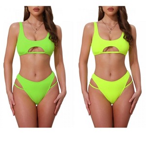 INSPIRE CHIC Women's Ribbed Scoop Neck Top Triangle Bottom Swimwear Bikini Suits 2 Sets - 1 of 4