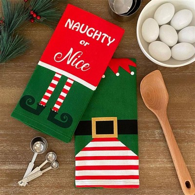 Elf Naughty or Nice Cotton Christmas Holiday Kitchen Towels/Dish Towels/Hand Towels - Set of 2 - Elrene Home Fashions