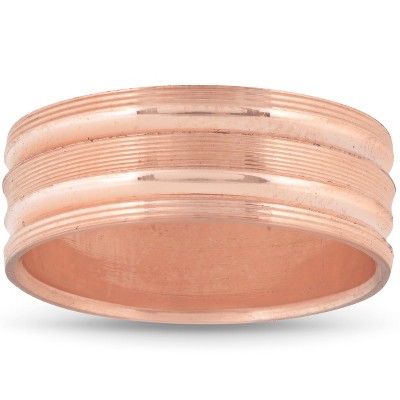 Pompeii3 Mens 14k Rose Gold 8MM Comfort Fit Grooved Brushed Wedding Band Comfor Fit