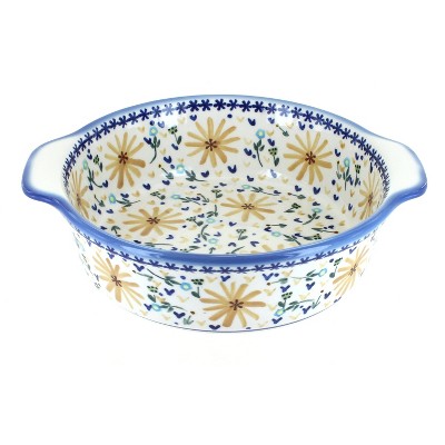 Blue Rose Polish Pottery Yellow Daisy Round Baker