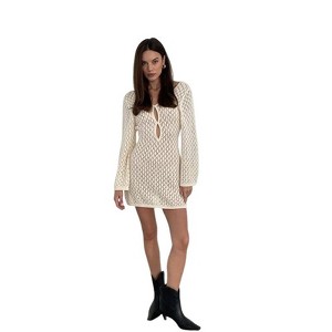 Women's Long Sleeve Sweater Dress Hollow Out Mini Dress Backless - 1 of 3