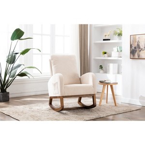 Modern High Back Armchair Rocking Chair, Upholstered Glider Chair With Side Pocket, Wooden Nursery Rocking Chairs - 1 of 4