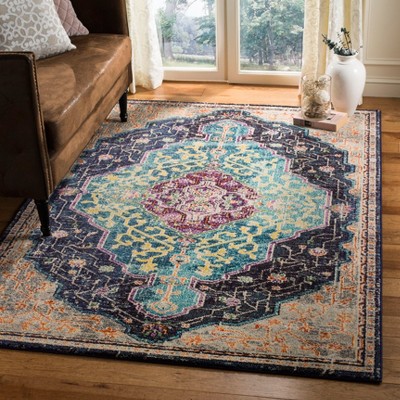 Monaco Square Black and Blue Boho Chic Area Rug