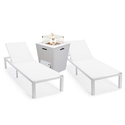 LeisureMod Marlin Modern White Aluminum Patio Chaise Lounge Chair with Square Fire Pit Side Table Set of 2