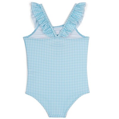 Disney Frozen Little Girls Square Neck Racerback One Piece Bathing Suit and Bucket Sun Hat UPF 50+ Swim Set Gingham Aqua Blue 6 — фото 4