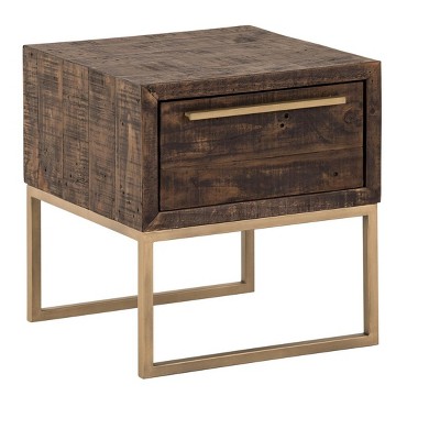 HomeRoots 18" Antiqued Brass And Brown Reclaimed Wood End Table With Drawer