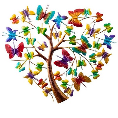 Wind & Weather Handcrafted Colorful Metal Butterfly Heart Tree Wall Art