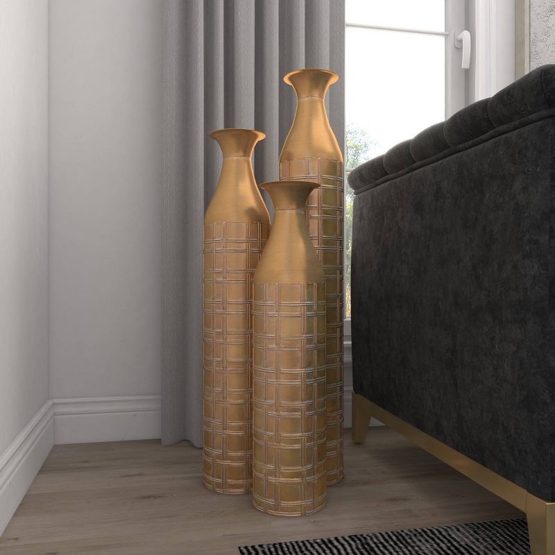 Set of 3 Metal Tall Distressed Metallic Vase with Etched Grid Patterns Gold - Olivia &#38; May, 5 of 18
