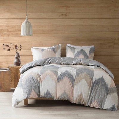 Full/Queen Blush and Gray Cotton Ikat Sham Set