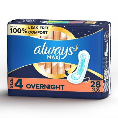 Always Maxi Pads Overnight Absorbency Unscented without Wings - Size 4 - 28ct