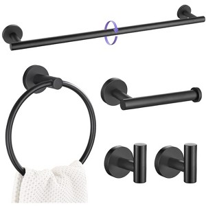 Itopfox 5 Piece Matte Black Bathroom Hardware Set 27.5 Inch Wall Mounted SUS304 Stainless Steel Towel Bar Towel Ring Robe Hook - 1 of 4