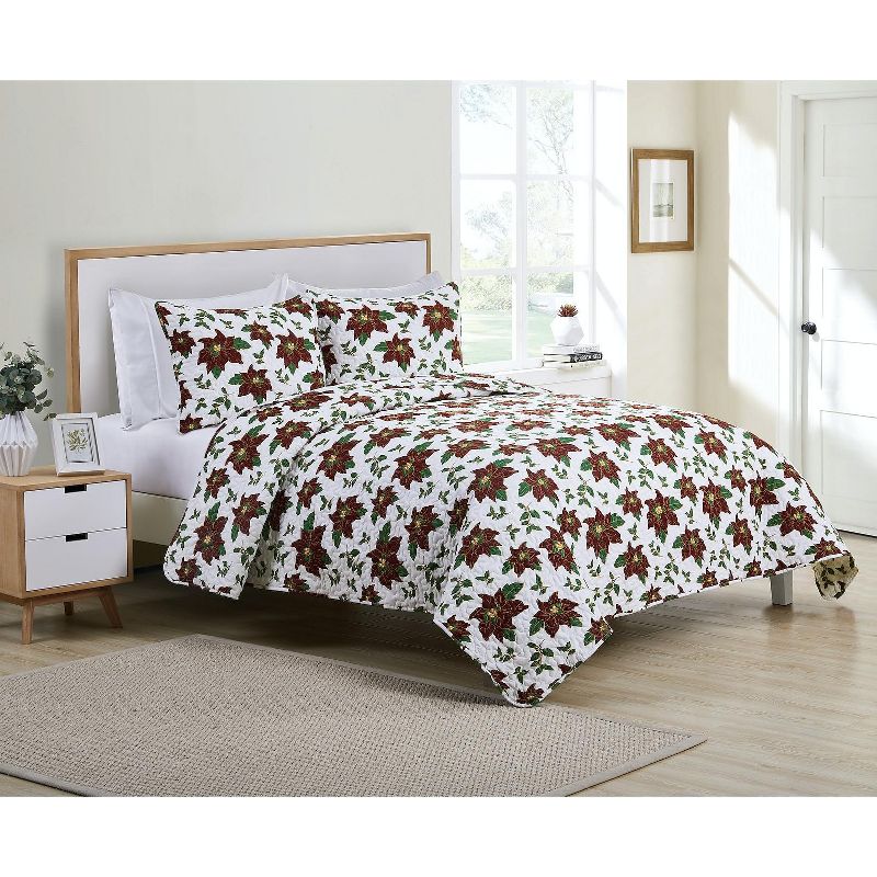 Kate Aurora Holiday Living 3 Piece Christmas Poinsettia Quilt Blanket Set, 1 of 3