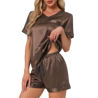 INSPIRE CHIC Women‘s V Neck Soft Contrast Color Short Sleeve Top and Shorts Lounge Pajama Set