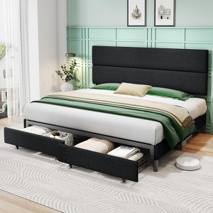 AMERLIFE Linen Upholstered Bed Frame,Bed with 2 Drawers Height Adjustable Headboard - 1 of 4