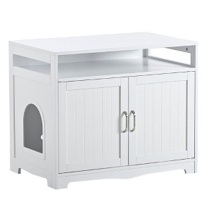 GustoWave Cat Washroom Storage Bench, Cat Litter Box Enclosure Furniture Box House with Table, Spacious Storage, White - 1 of 4